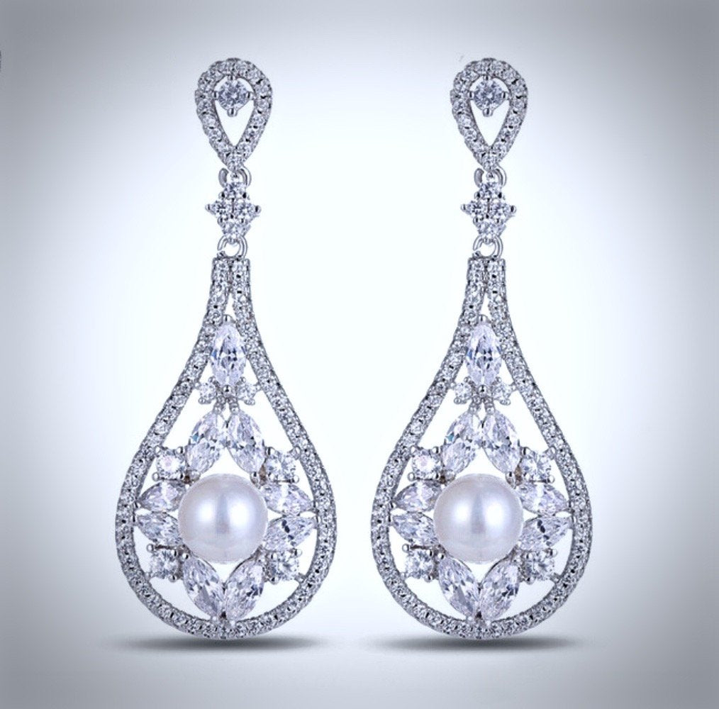 Wedding Jewelry - Pearl and Cubic Zirconia Bridal Earrings