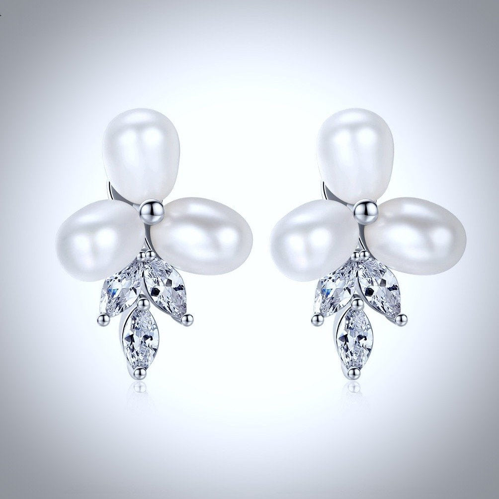 Pearl Wedding Jewelry - Freshwater Pearl and Cubic Zirconia Bridal Earrings