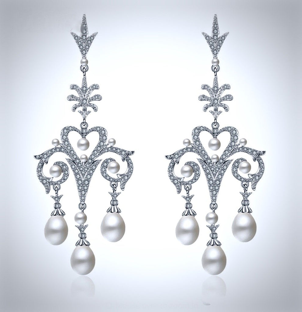 "Kacy" - Pearl and Cubic Zirconia Bridal Earrings