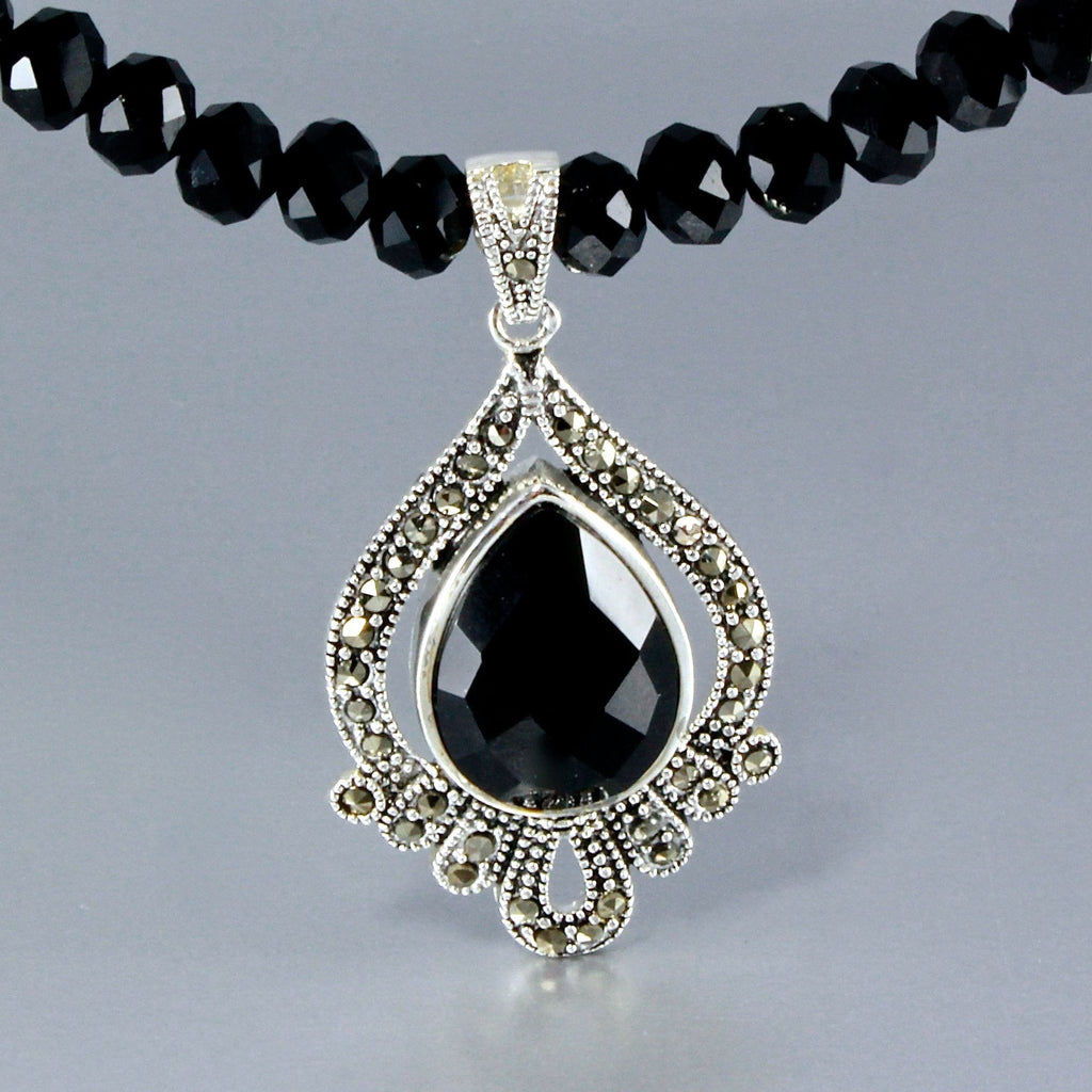 "Dauphine" - Black Agate, Marcasite, and Sterling Silver Necklace/Earrings/Set