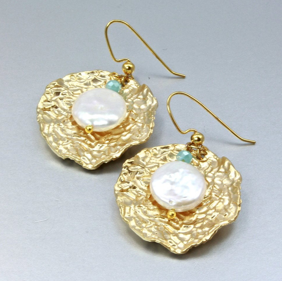 Pearl Wedding Jewelry - Cultured Pearl and Blue Chalcedony Bridal Earrings