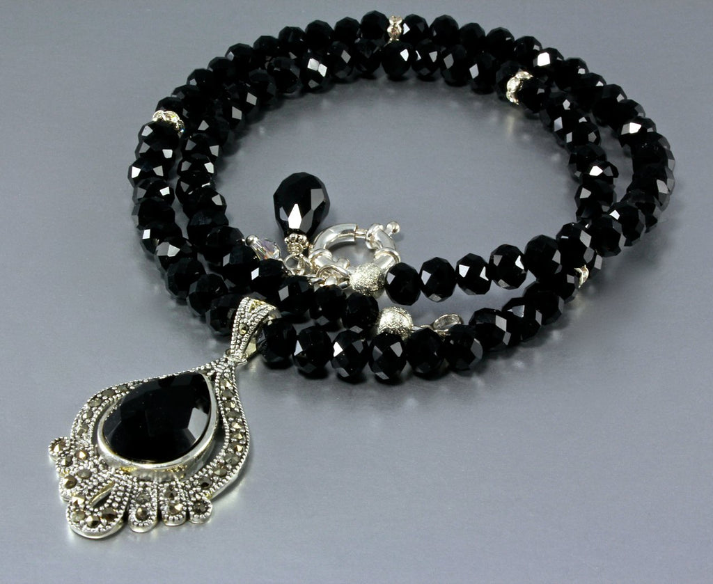 "Dauphine" - Black Agate, Marcasite, and Sterling Silver Necklace/Earrings/Set