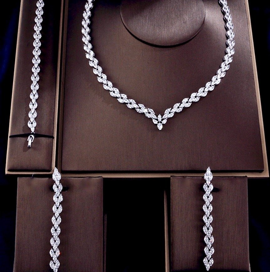 Wedding Jewelry - Silver Cubic Zirconia Bridal Three-Piece Jewelry Set
