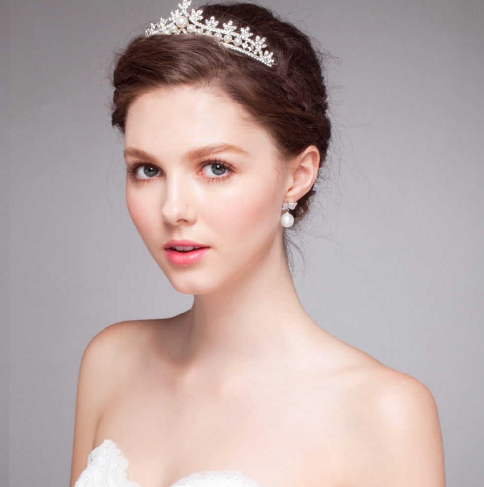 Wedding Jewelry - Silver Cubic Zirconia and Pearl 3-Piece Bridal Jewelry Set With Tiara