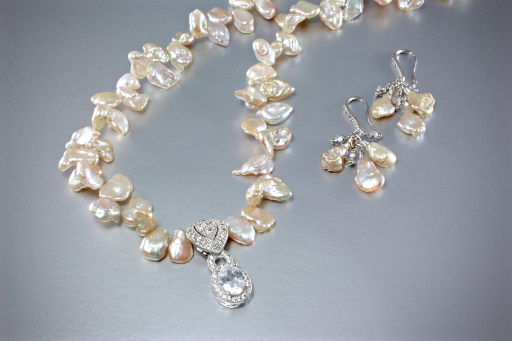 "Bella" - Keshi Pearls and Cubic Zirconia Bridal Necklace and Earrings Set