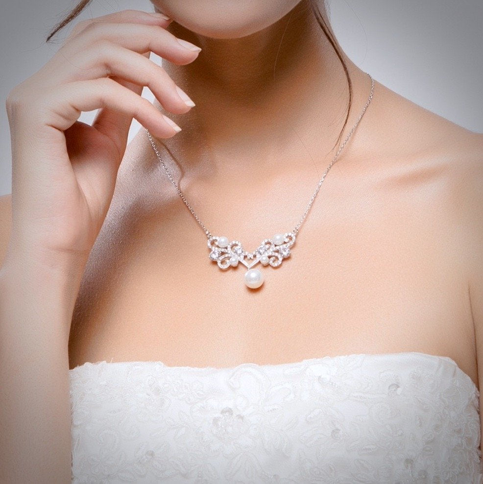 "Joy" - Pearl and Cubic Zirconia Bridal Necklace