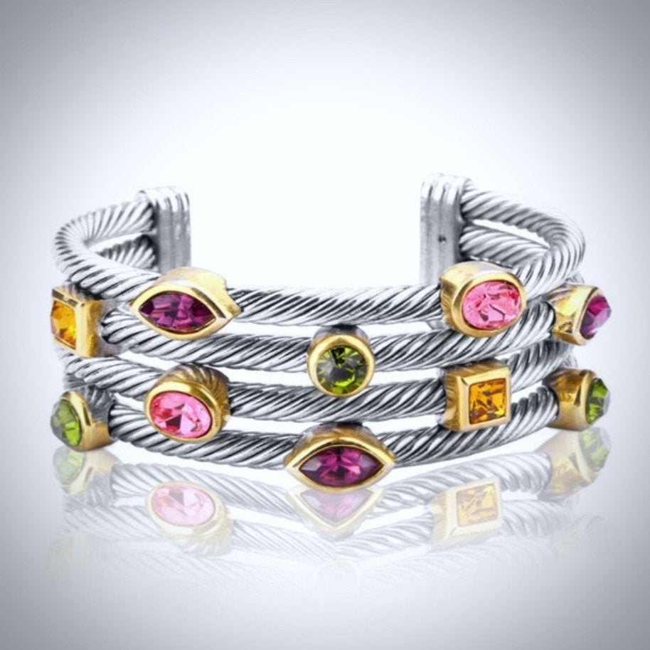 "Blossom" - Two-Tone Multicolor Cubic Zirconia Cuff Bracelet