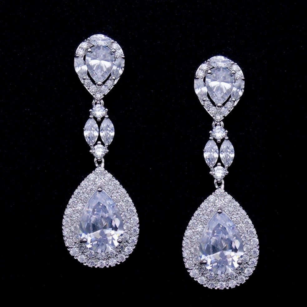 Wedding Jewelry - Cubic Zirconia Bridal Earrings - Available in Silver, Rose Gold and Yellow Gold