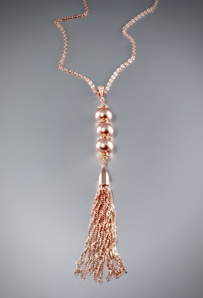 "Camellia" - Swarovski Pearl and Rose Gold Tassel Necklace
