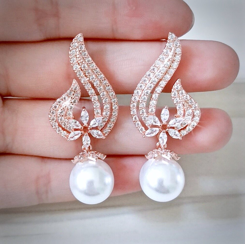Wedding Jewelry - Pearl and Cubic Zirconia Bridal Earrings - Available in Rose Gold and Silver