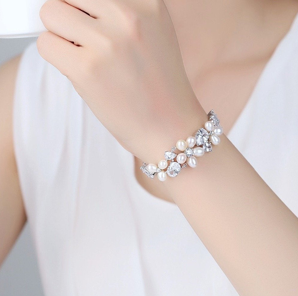 Pearl Wedding Jewelry - Freshwater Pearl and Cubic Zirconia Bridal Bracelet