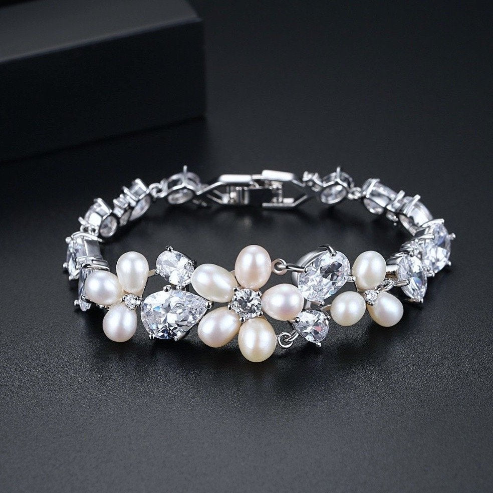 Pearl Wedding Jewelry - Freshwater Pearl and Cubic Zirconia Bridal Bracelet