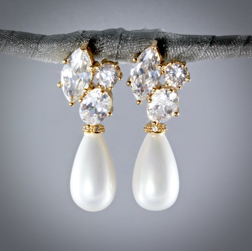 Pearl Wedding Jewelry - Bridal Pearl Drop Earrings - Available in Silver and Yellow Gold
