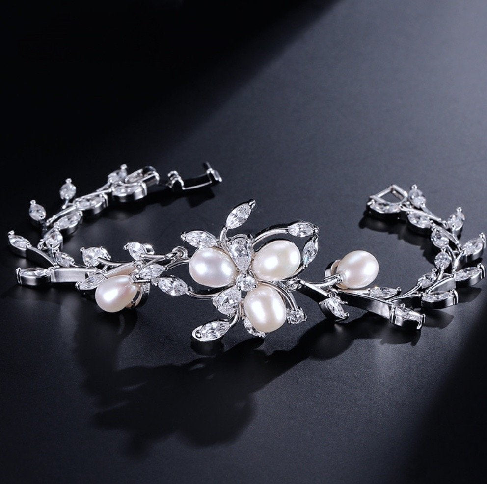 Wedding Jewelry - Freshwater Pearl and Cubic Zirconia Bridal Bracelet - Available in Silver, Rose Gold and Yellow Gold