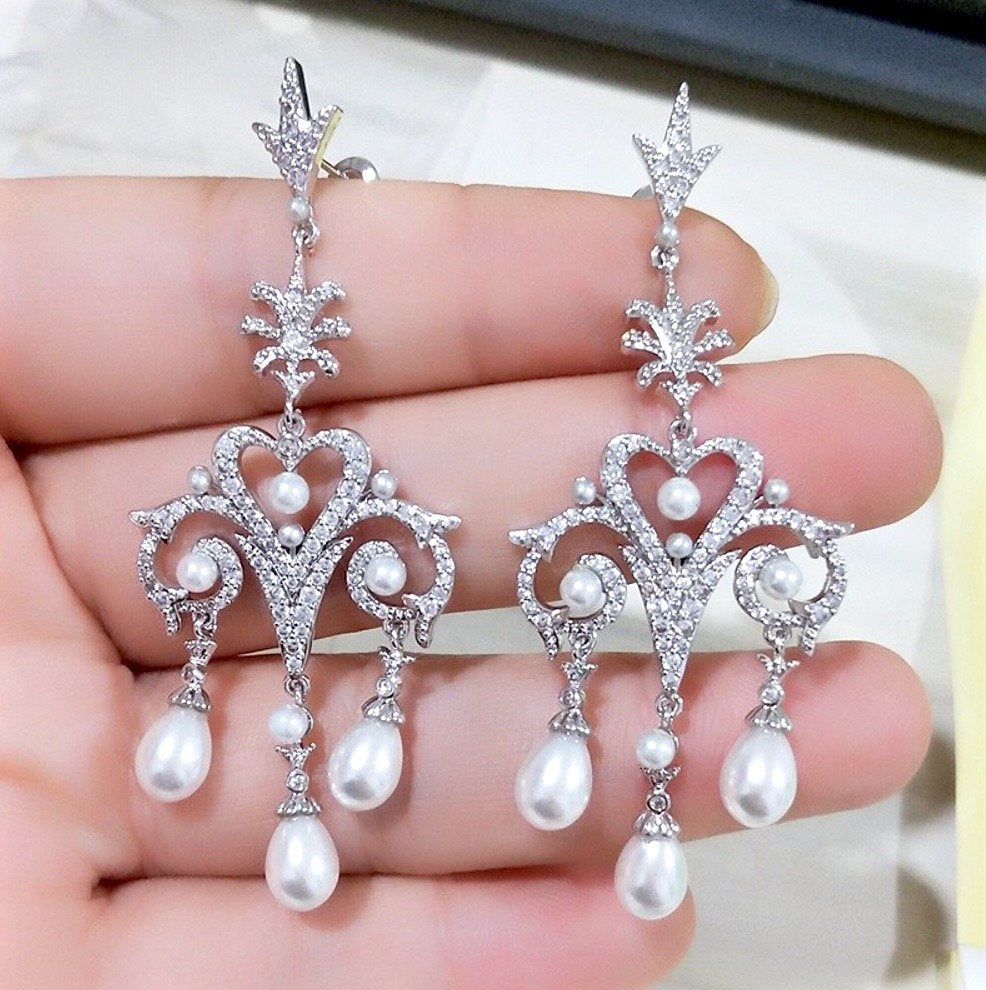 "Kacy" - Pearl and Cubic Zirconia Bridal Earrings