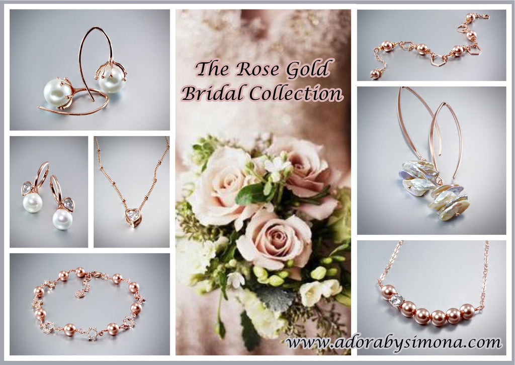 Wedding Jewelry - Swarovski Pearl Rose Gold Geometric Bridal Jewelry Set