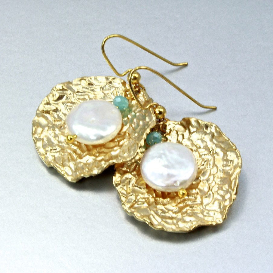 Pearl Wedding Jewelry - Cultured Pearl and Blue Chalcedony Bridal Earrings