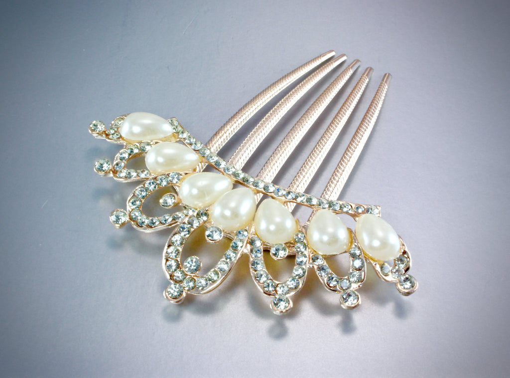 Wedding Hair Accessories - Pearl and Crystal Rose Gold Bridal Hair Comb