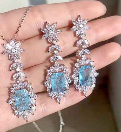 Wedding Jewelry - Aqua Blue Cubic Zirconia Bridal Earrings