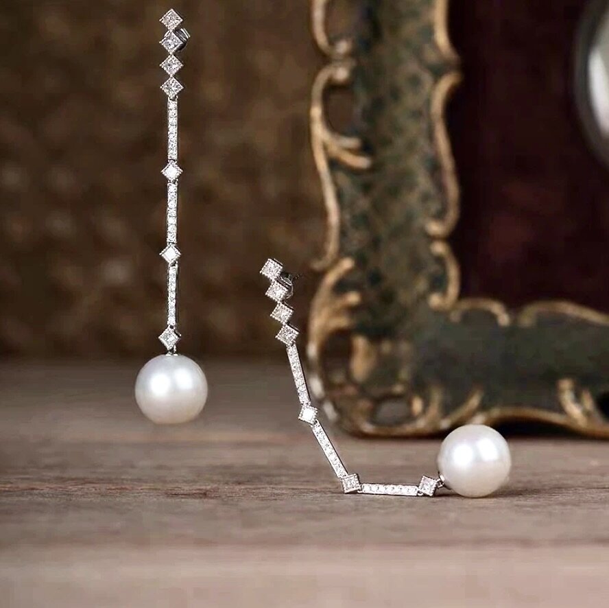 Wedding Jewelry - Art Deco Pearl and CZ Bridal Earrings
