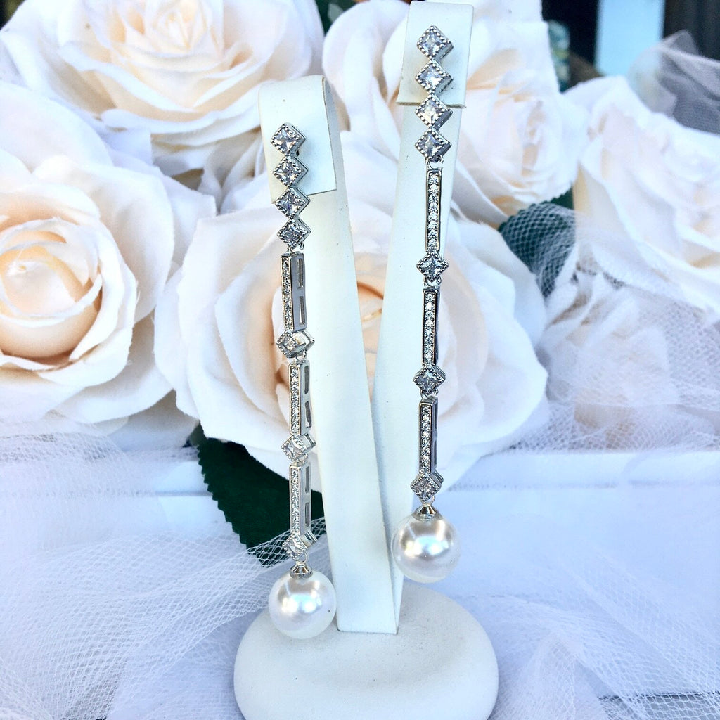 Wedding Jewelry - Art Deco Pearl and CZ Bridal Earrings