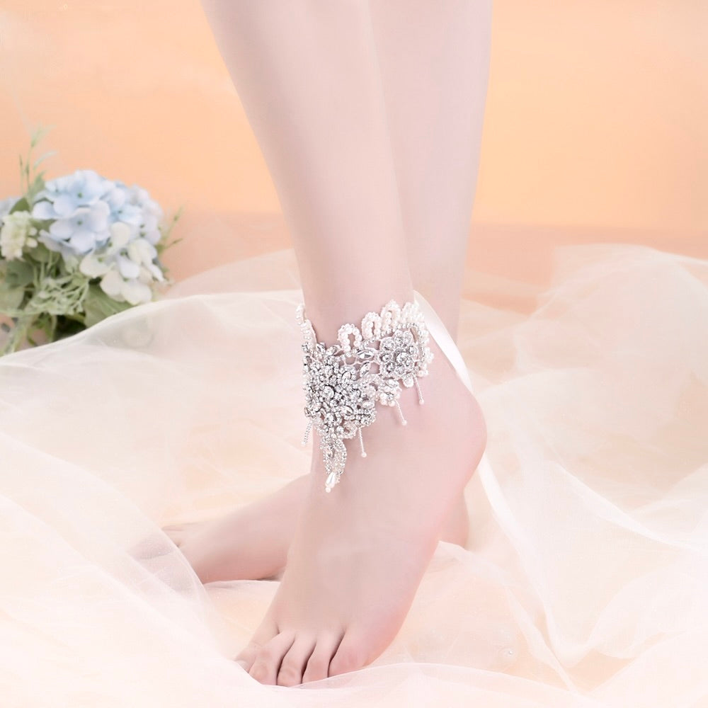 Wedding Accessories - Beaded Lace Wedding Ankle Jewelry, Barefoot Sandals