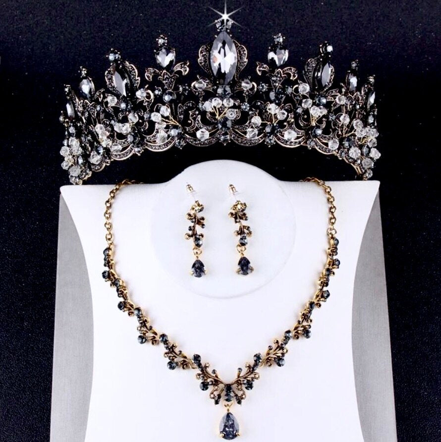 Wedding Jewelry and Accessories - Black Bridal 3-Piece Jewelry Set With Tiara