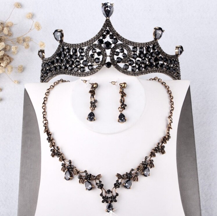 Wedding Jewelry and Accessories - Victorian Gothic Black Bridal 3-Piece Jewelry Set With Tiara