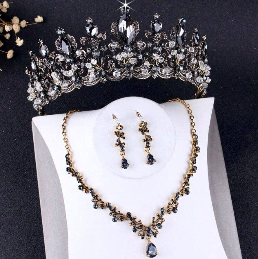 Wedding Jewelry and Accessories - Black Bridal 3-Piece Jewelry Set With Tiara