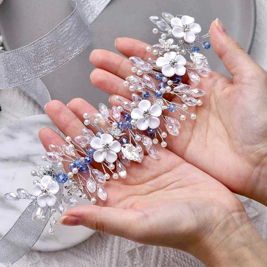 Wedding Hair Accessories - Blue Ceramic Flowers Bridal Headband / Hair Vine