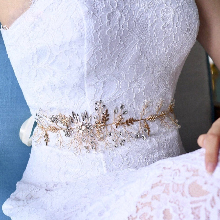 Seine - Bohemian Crystal and Pearl Bridal Belt/Sash - Available in Gold  and Silver