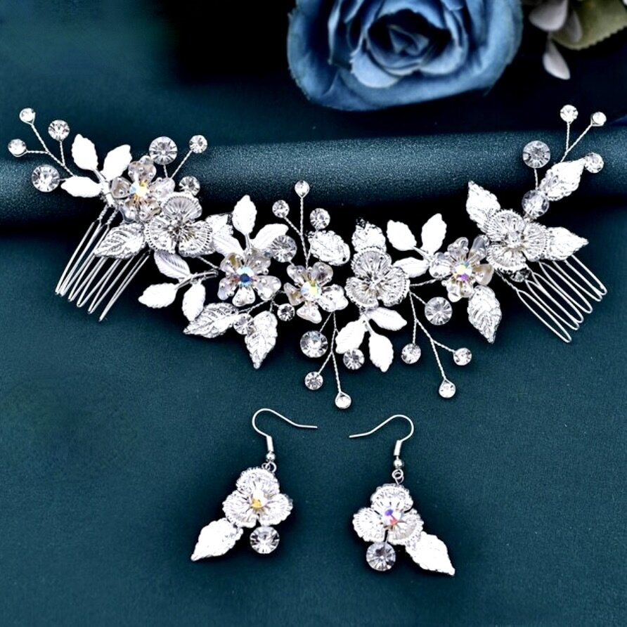 Wedding Headdress - Silver Crystal Bridal Headdress and Earrings Set