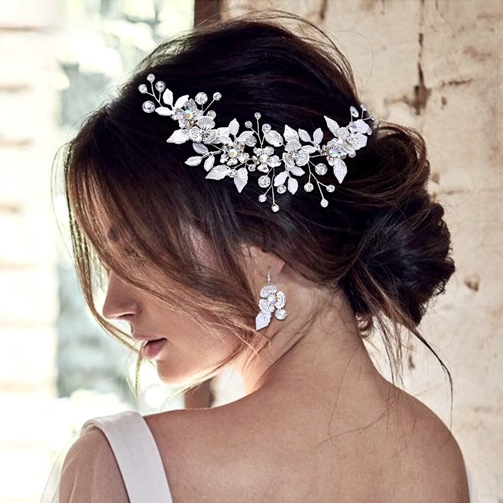 Wedding Headdress - Silver Crystal Bridal Headdress and Earrings Set