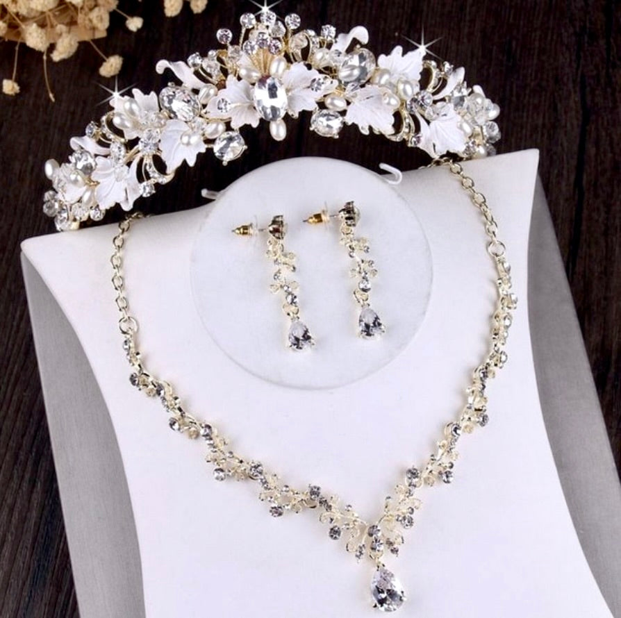 Wedding Jewelry and Accessories - Bridal 3-Piece Jewelry Set With Tiara - Available in Gold and Silver