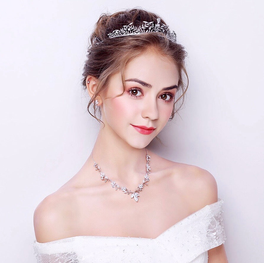 Wedding Jewelry and Accessories - Silver Cubic Zirconia Bridal 3-Piece Jewelry Set With Tiara