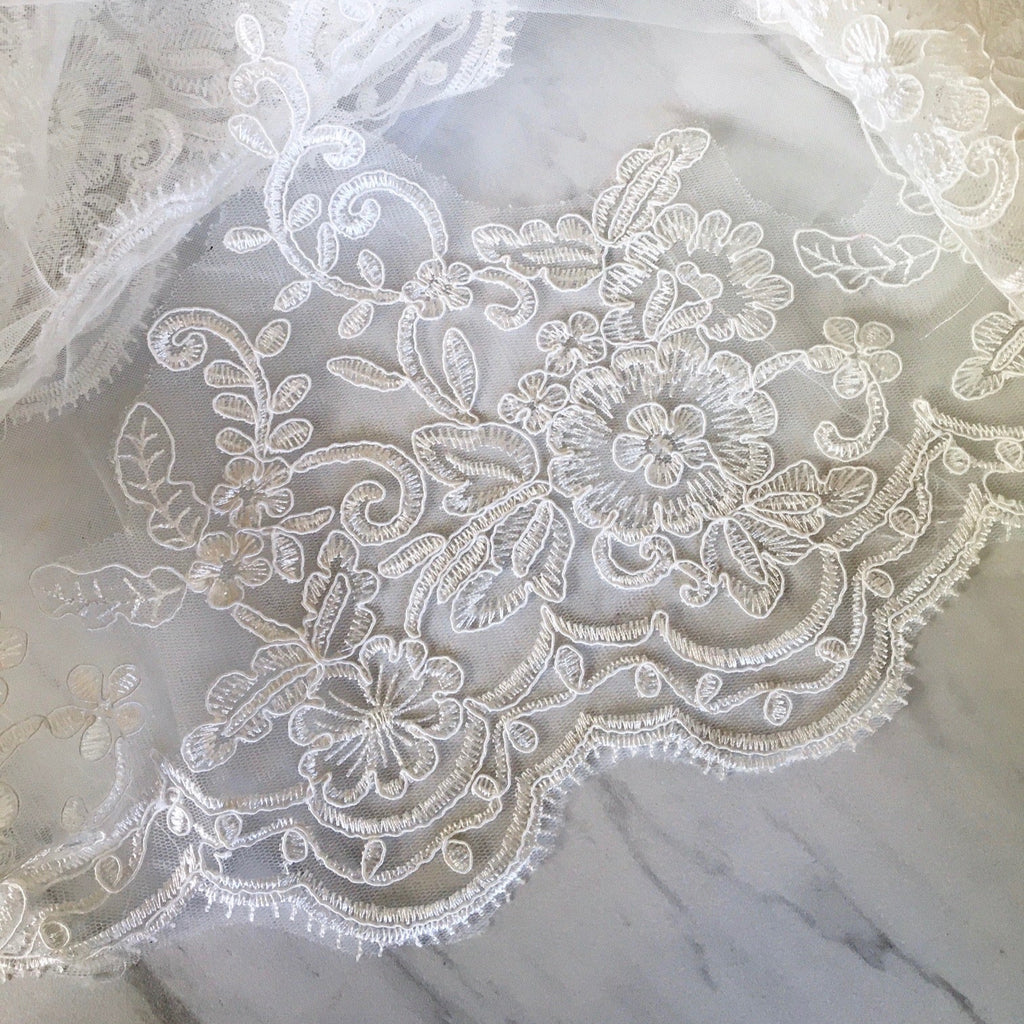 Adora by Simona Wedding Veils - Bridal Lace and 3D Flowers Mantilla Veil - Cathedral Length