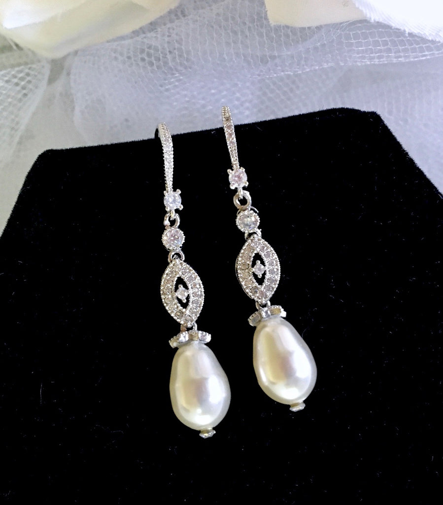 Wedding Jewelry - Swarovski Pearl and Cubic Zirconia Bridal Earrings
