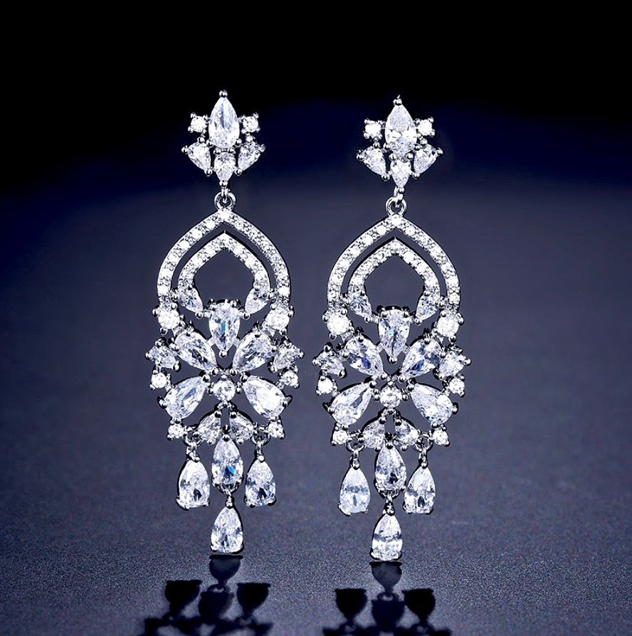 Wedding Jewelry - Silver Cubic Zirconia Bridal Earrings