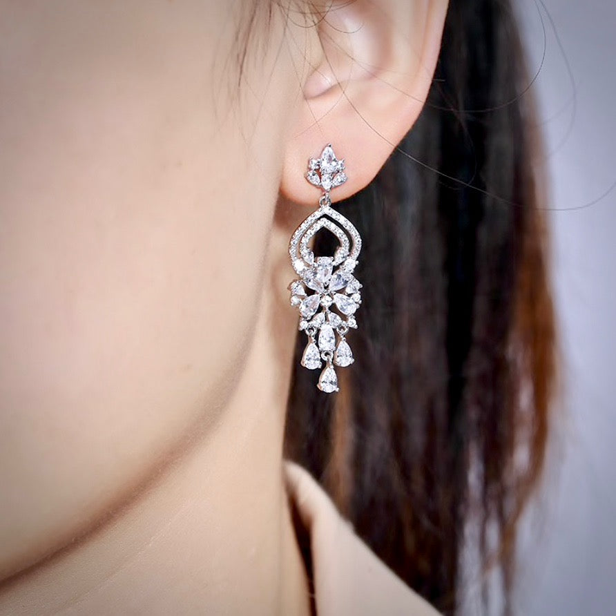 Wedding Jewelry - Silver Cubic Zirconia Bridal Earrings