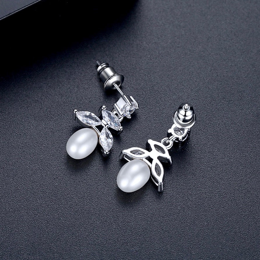 Wedding Jewelry - Pearl and Cubic Zirconia Bridal Earrings