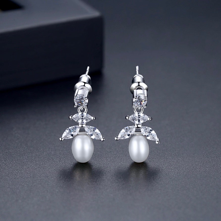 Wedding Jewelry - Pearl and Cubic Zirconia Bridal Earrings