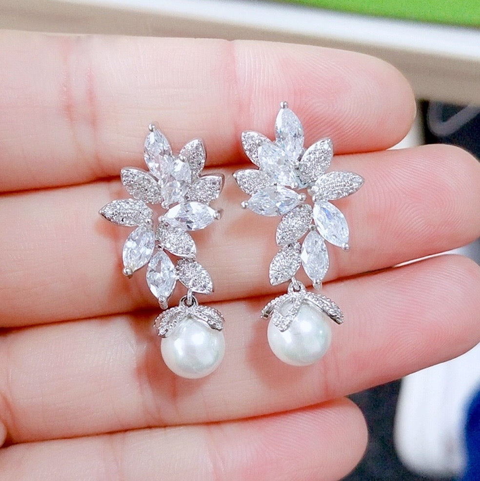 Wedding Jewelry - Pearl and Cubic Zirconia Bridal Earrings - Available in Silver, Rose Gold and Yellow Gold