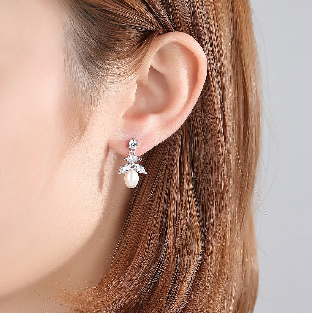 Wedding Jewelry - Pearl and Cubic Zirconia Bridal Earrings