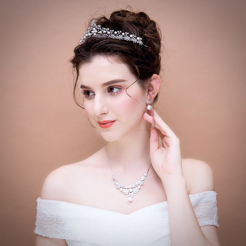 Wedding Hair Accessories - Silver Pearl and Cubic Zirconia Tiara