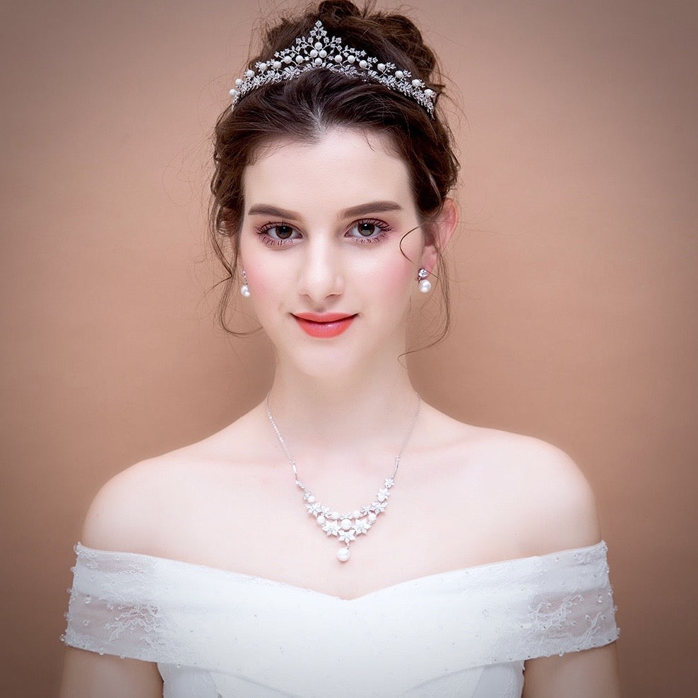 Wedding Hair Accessories - Silver Pearl and Cubic Zirconia Tiara