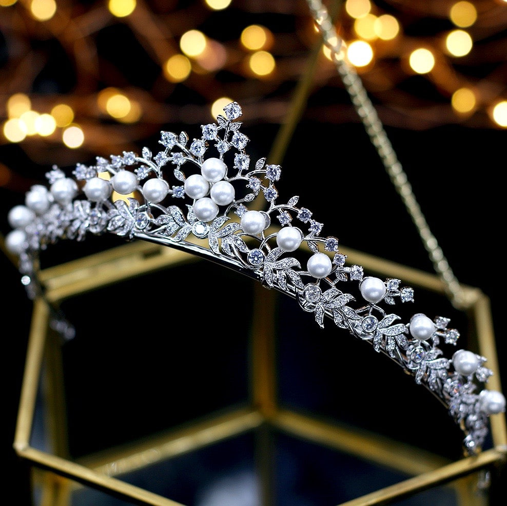 Wedding Hair Accessories - Silver Pearl and Cubic Zirconia Tiara