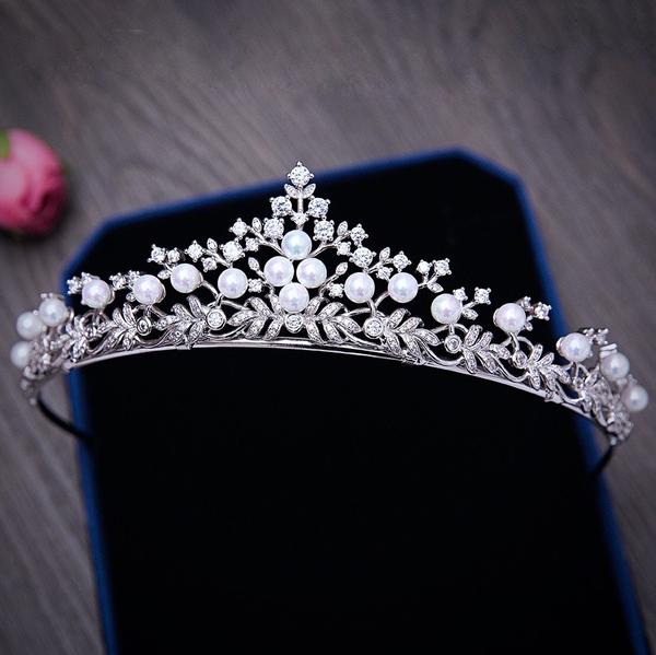Wedding Hair Accessories - Silver Pearl and Cubic Zirconia Tiara