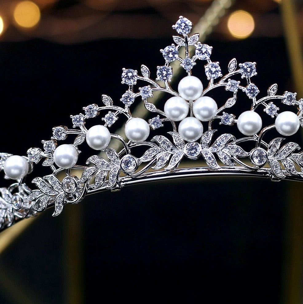 Wedding Hair Accessories - Silver Pearl and Cubic Zirconia Tiara