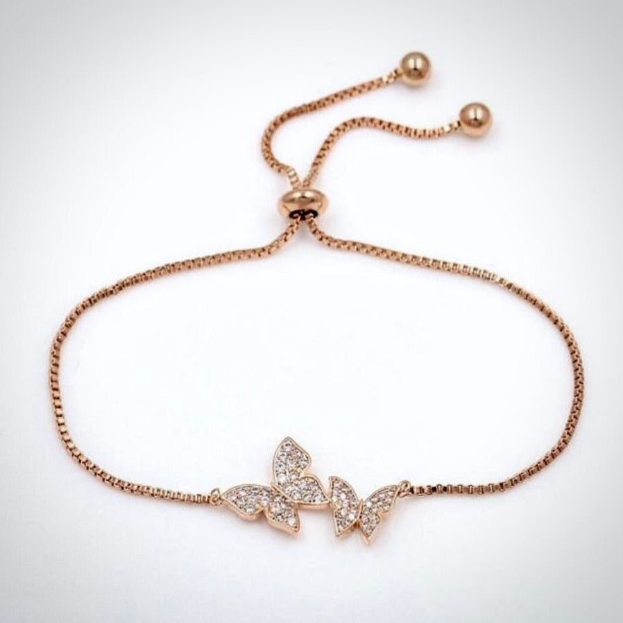 Wedding Jewelry - Butterfly CZ Adjustable Bracelet - Available in Silver and Rose Gold