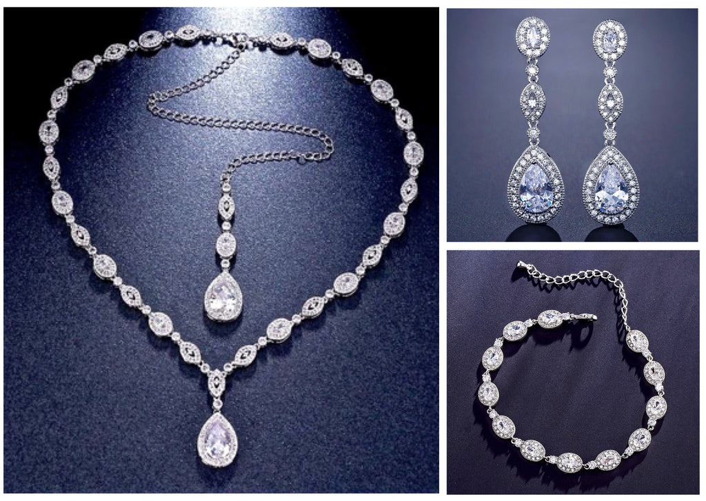 Wedding Jewelry - Cubic Zirconia Bridal Backdrop Necklace - Available in Silver and Rose Gold 